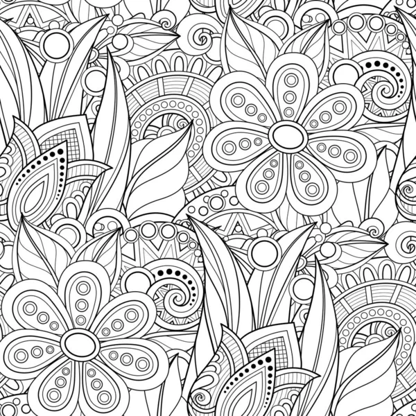Fekete Fehér Seamless Pattern Virág Motívumokkal Virágok Levelek Doodle Vonalstílus — Stock Vector