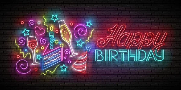 Grußkarte Mit Tortenstück Und Champagner Mit Konfetti Und Happy Birthday — Stockvektor
