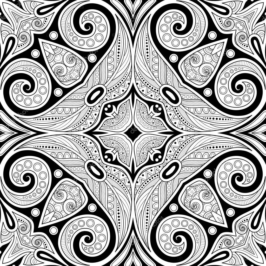 Monochrome Seamless Pattern with Mosaic Motif. Endless Floral Texture in Paisley Indian Style. Tile Ethnic Background. Simple Coloring Book Page