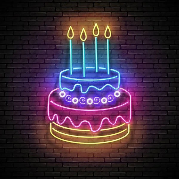Винтажный светящийся вывеска с тортом и свечами — стоковый вектор