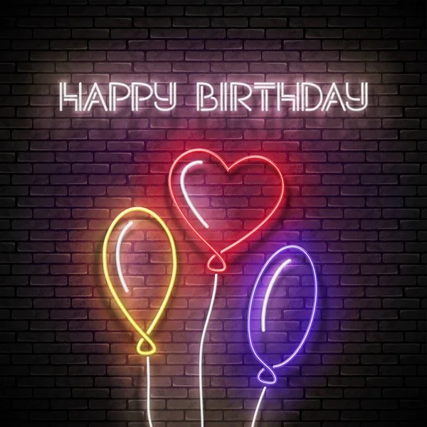 Glühende Glückwunschkarte mit verschiedenen Luftballons und Happy Birthday — Stockvektor