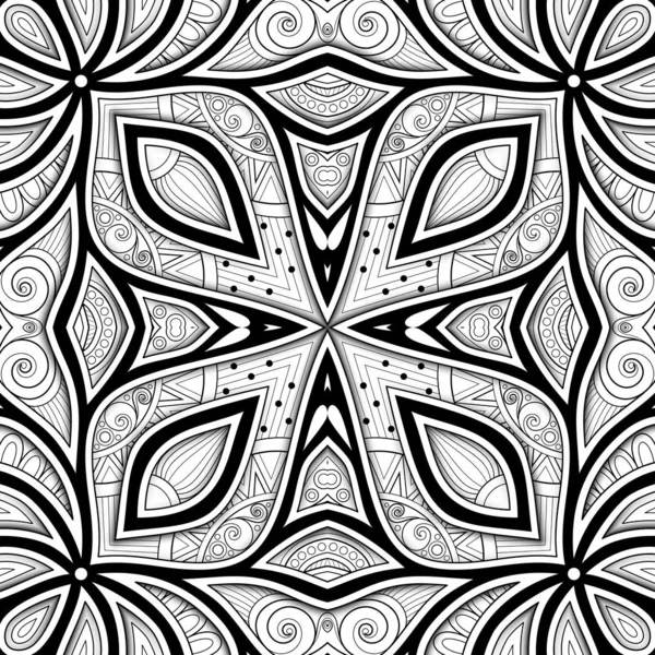 Patrón monocromo sin costura con motivos étnicos florales — Vector de stock