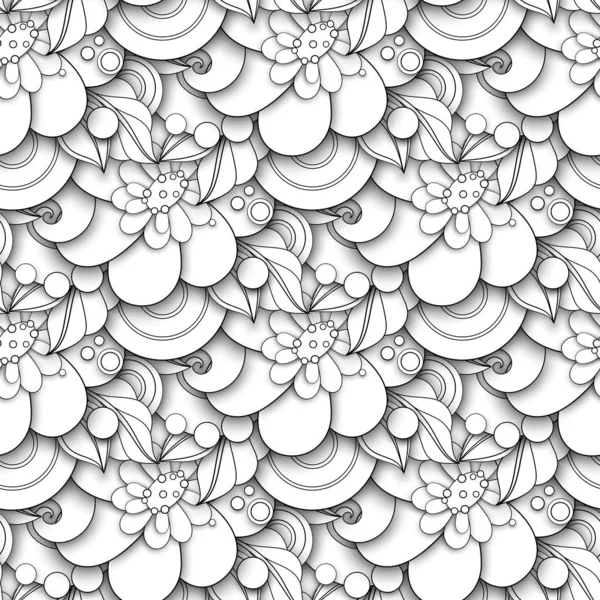 Modèle sans couture monochrome avec motifs floraux — Image vectorielle