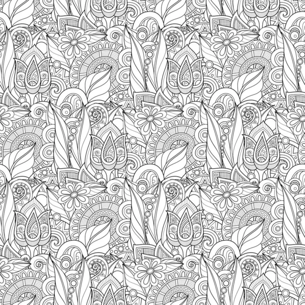 Modèle sans couture monochrome avec motifs floraux — Image vectorielle