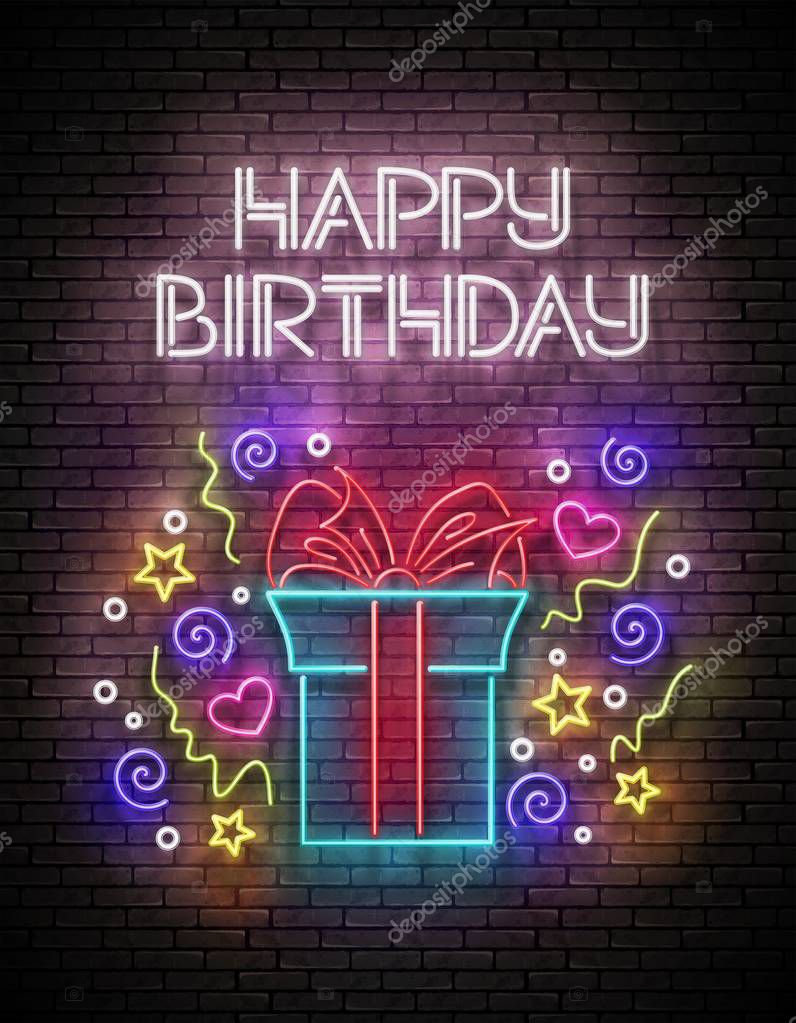 Vintage Glow Greeting Card with Gift, Confetti and Happy Birthday Inscription. Neon Lettering. Shiny Poster, Banner, Invitation. Seamless Brick Wall. Vector 3d Illustration. Clipping Mask, Editable