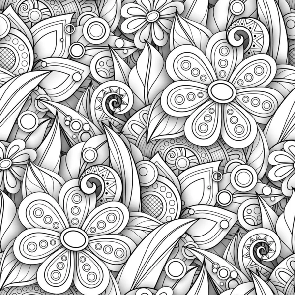 Monochrome Seamless Pattern Floral Motifs Endless Texture Flowers Leaves Doodle — Stock Vector