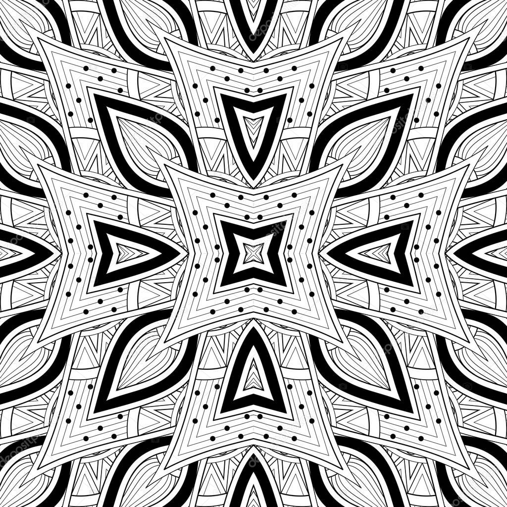 Monochrome Seamless Pattern with Floral Ethnic Motifs. Endless Texture with Damask Design Elements.Simple Coloring Book Page. Vector Contour Illustration