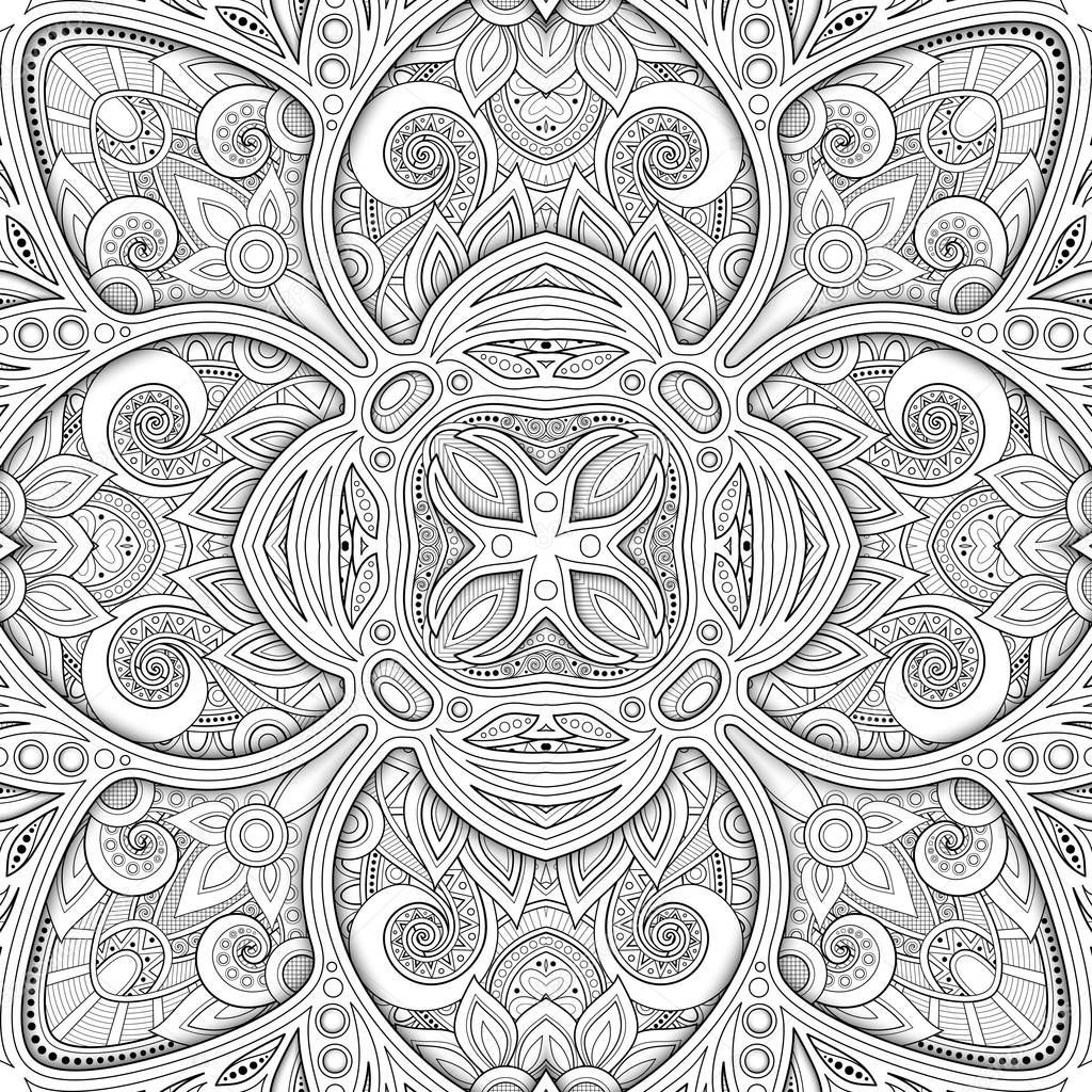 Monochrome Seamless Pattern with Mosaic Motif. Endless Floral Texture in Paisley Indian Style. Tile Ethnic Background. Simple Coloring Book Page