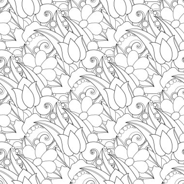 Çiçek Motifleri ile Monokrom Dikişsiz Desen. Çiçekler ile Sonsuz Doku. Doodle Line Style Doğal Arka Plan. Boyama Kitabı Sayfası.