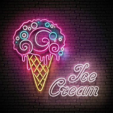 Tuğla Duvar arka planda Koni Dondurma Topu ile Vintage Kızdırma Afiş. Neon Harfleri. Vektör 3d İllüstrasyon.