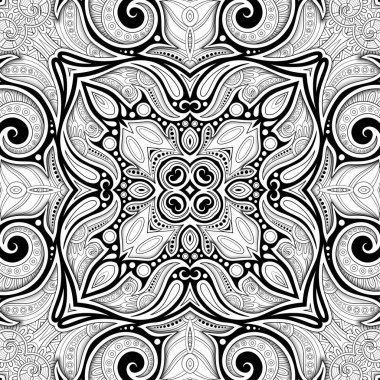 Mozaik Motifli Monokrom Dikişsiz Desen. Paisley Hint Tarzı Sonsuz Çiçek Doku. Boyama Kitabı Sayfası. Soyut Mandala Sanat