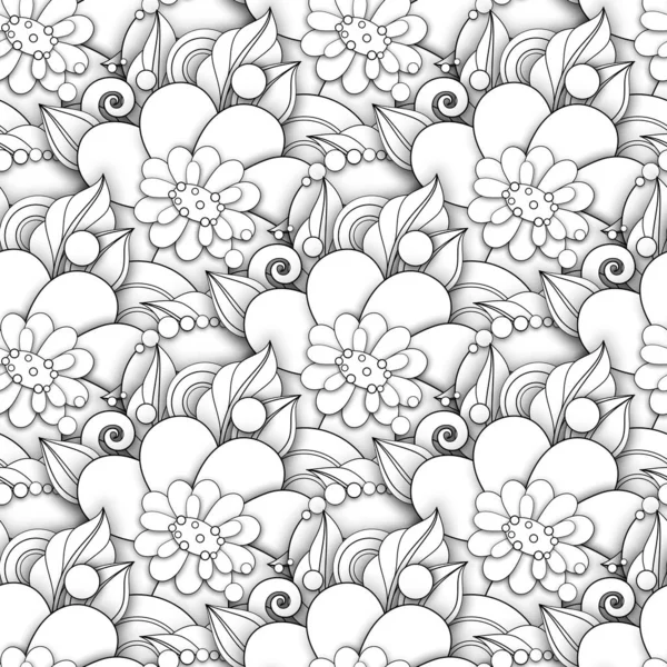 Monochrome Seamless Pattern Floral Motifs Endless Texture Flowers Natural Background — Stock Vector
