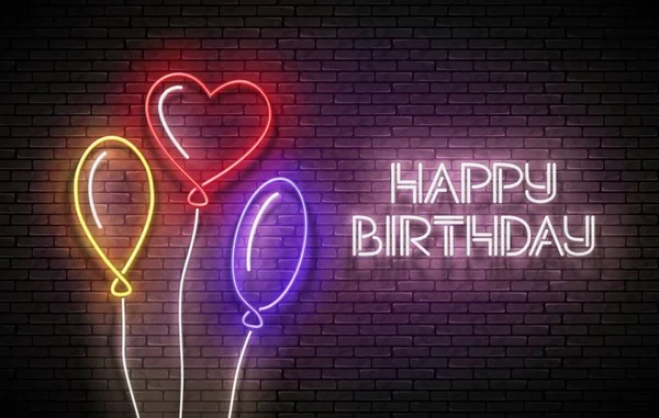 Tarjeta Felicitación Glow Con Globos Forma Diferente Feliz Inscripción Cumpleaños — Archivo Imágenes Vectoriales