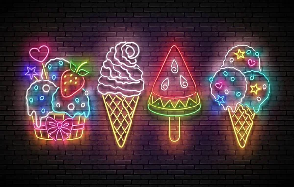 Állítsa Glow Jelzőtáblák Ice Cream Téglafalnak Háttérben Vektoros Illusztráció — Stock Vector