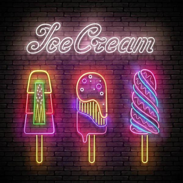 复古发光海报与冰淇淋棒和砖墙背景的铭文 霓虹灯字母 — 图库矢量图片