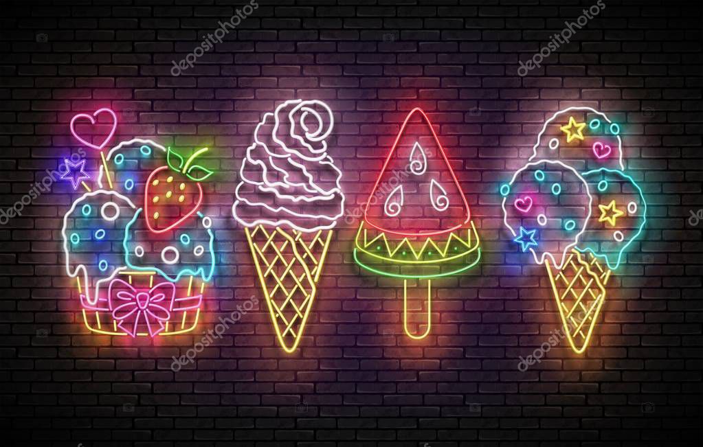 Set of Glow Signboards with Ice Cream on Brick Wall background. Vector 3d Illustration.