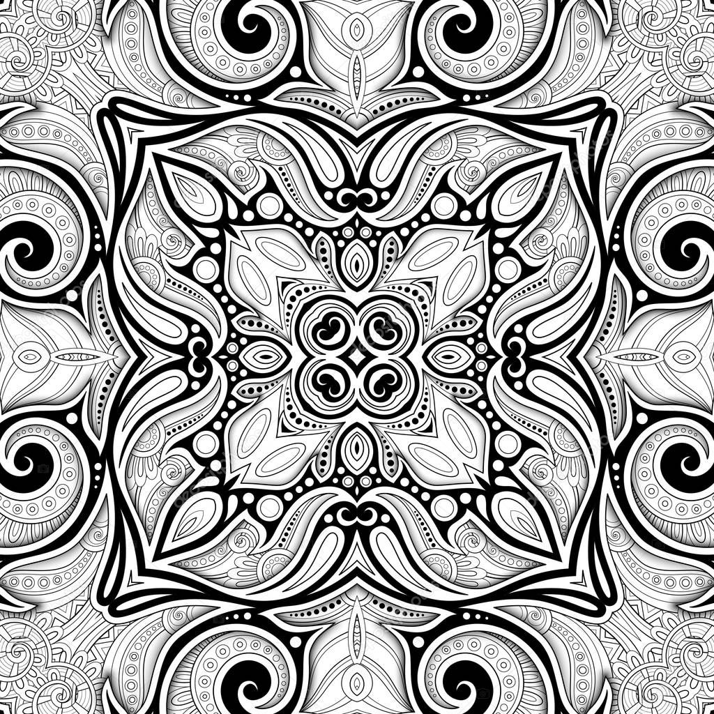 Monochrome Seamless Pattern with Mosaic Motif. Endless Floral Texture in Paisley Indian Style. Coloring Book Page. Abstract Mandala Art