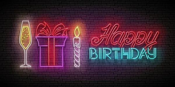 Tarjeta de felicitación Glow con regalo, champán, vela y feliz cumpleaños — Archivo Imágenes Vectoriales