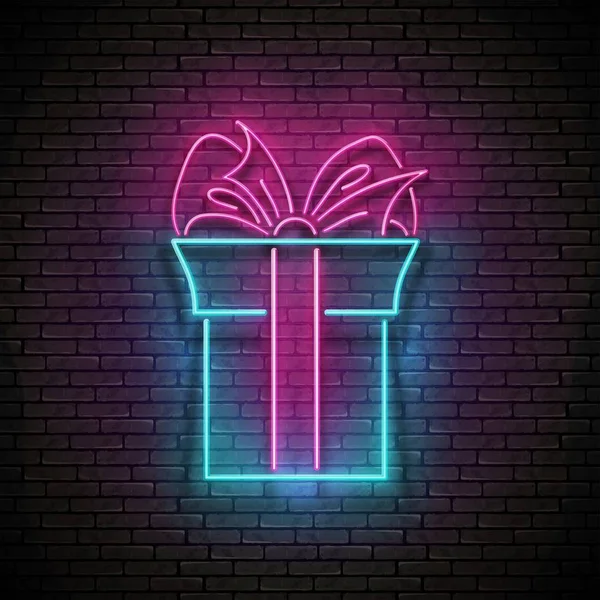 Panneau lumineux vintage avec cadeau et arc — Image vectorielle