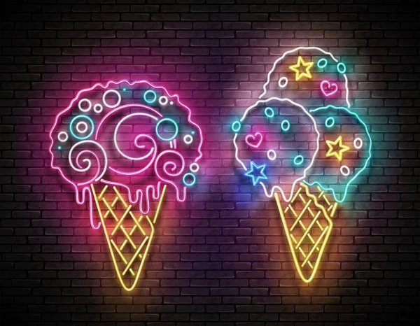 Set di cartelli luminosi con diversi gelati nei coni di cialde — Vettoriale Stock
