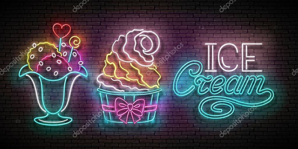 Vintage Poster with Ice Cream Balls in Vase and Popsicle in Cup, Candies Decor. Neon Cafe Flyer Template. Template for Flyer, Banner, Invitation. Brick Wall. Vector 3d Illustration. Clipping Mask