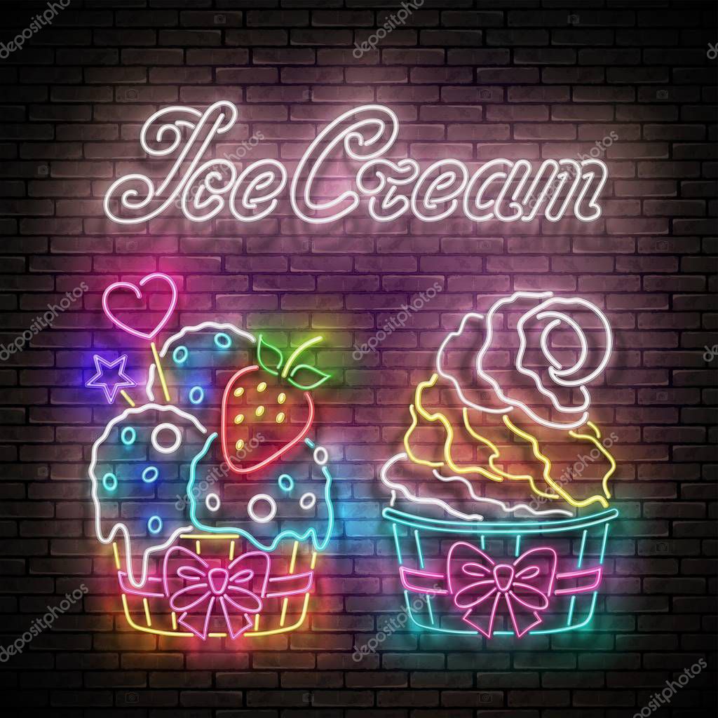 Vintage Poster with Ice Cream in Paper Cups. Balls and Cone, Frozen Yogurt, Strawberry, Candies. Cafe Flyer Template. Neon Light Banner. Brick Wall. Vector 3d Illustration. Clipping Mask