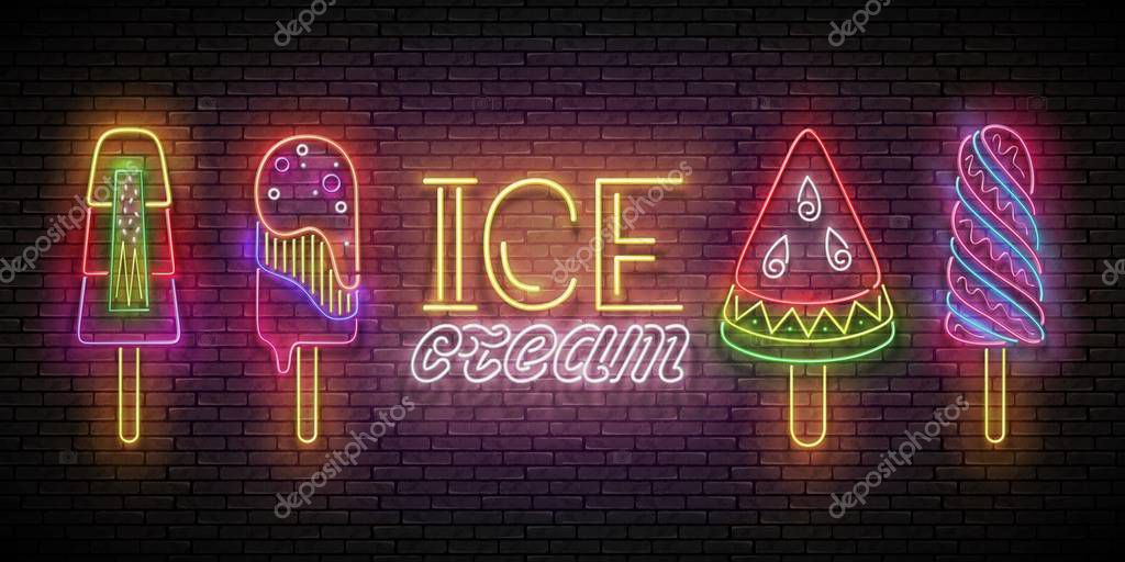 Vintage Glow Poster with Different Ice Cream. Frozen Fruit, Sorbet, Sundae, Popsicle, Watermelon Piece. Template for Flyer, Banner, Invitation. Brick Wall. Vector 3d Illustration. Clipping Mask