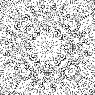 Mozaik Motifli Monokrom Dikişsiz Desen. Paisley Hint Tarzı Sonsuz Çiçek Doku. Kiremit Etnik Arka Plan. Boyama Kitabı Sayfası. Soyut Mandala Sanat