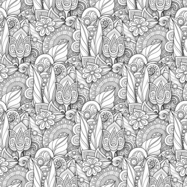 Çiçek Motifli Tek Krom Kusursuz Desen. Çiçeklerle Sonsuz Doku, Doodle Line stilinde Doğal Arkaplan. Boyama Kitabı Sayfası. 