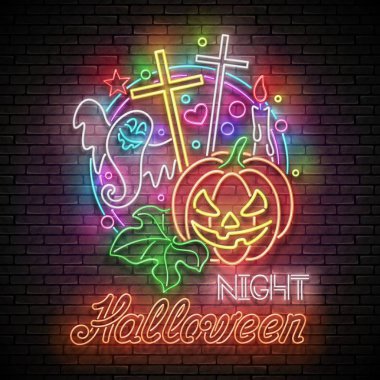 Pumpkin, Cross, Candle, Ghrost ve Neon yazıtlı Plow Cadılar Bayramı tebrik kartı, Vector 3d İllüstrasyon.