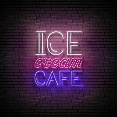 Dondurma Kafe Yazıtlı Klasik Parlak İmza Panosu. Neon Retro Lettering. Vektör 3d Görüntü. 