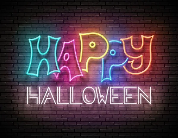 Glow Greeting Card Happy Halloween Neon Inscription Seamless Brick Wall — Stock Vector