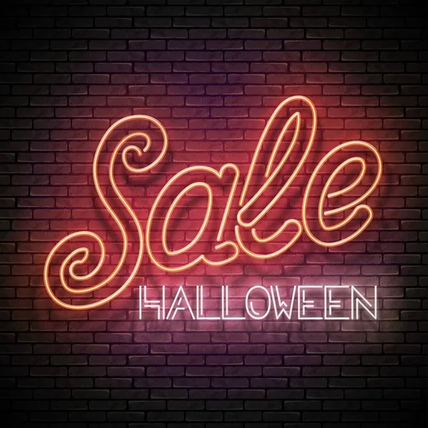 Leuchtende Grußkarte Mit Halloween Sale Neon Inschrift Auf Nahtloser Ziegelwand — Stockvektor