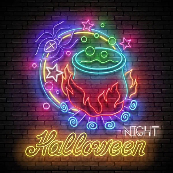 Glow Halloween Gratulationskort Med Dryck Häxans Kittel Spindel Och Neon — Stock vektor