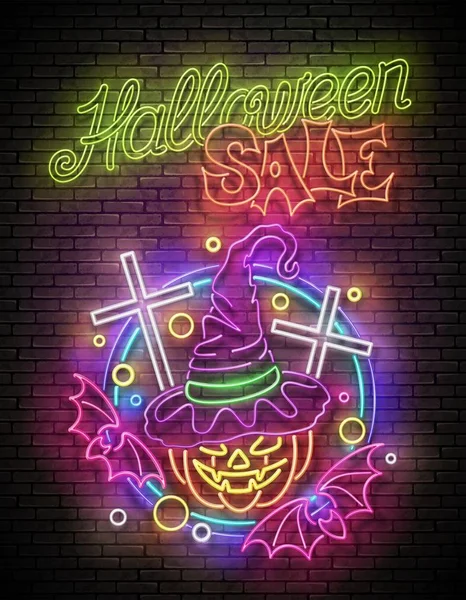 Cadı Balkabağı Haç Yarasa Neon Yazıtlı Parlayan Cadılar Bayramı Kutlama — Stok Vektör
