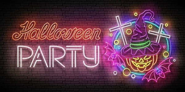 Glow Halloween Blahopřání Čarodějnice Dýně Kříže Netopýři Neon Inscription Bezešvé — Stockový vektor