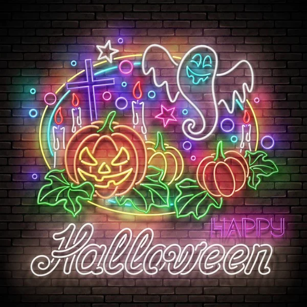 Glühen Sie Halloween Grußkarte Mit Neon Aufschrift Auf Nahtloser Ziegelsteinwand — Stockvektor