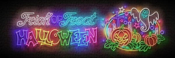 Glow Halloween Wenskaart Met Neon Inscriptie Naadloze Bakstenen Muur Vector — Stockvector