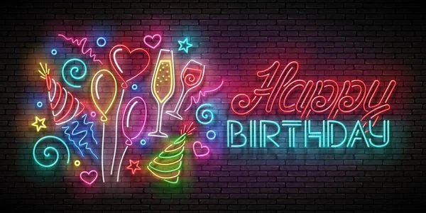 Karta Okolicznościowa Balonami Szampanem Konfetti Napisem Happy Birthday Neonowe Litery — Wektor stockowy