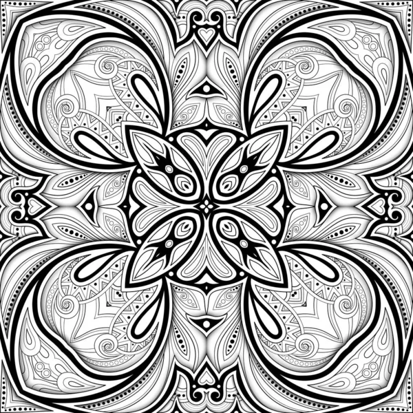 Monochroom Naadloos Patroon Met Mozaïek Motief Eindeloze Floral Texture Paisley — Stockvector