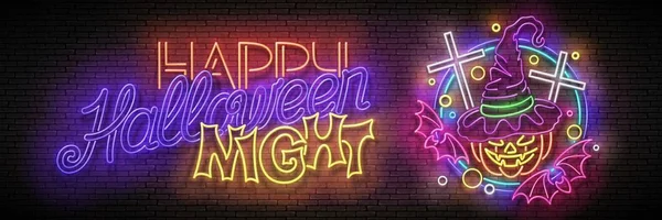Glow Halloween Carte de voeux avec sorcière citrouille, croix, chauves-souris a — Image vectorielle