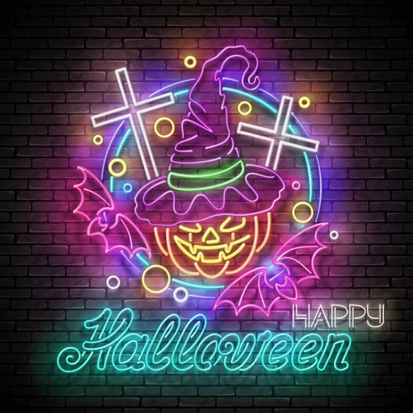 Glow Halloween gratulationskort med häxa pumpa, kors, fladdermöss en — Stock vektor