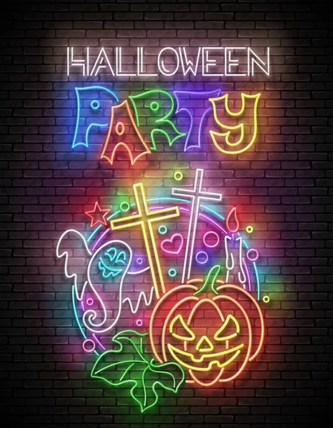 Glow Halloween Carte de voeux avec citrouille, croix, bougie, ghrost — Image vectorielle
