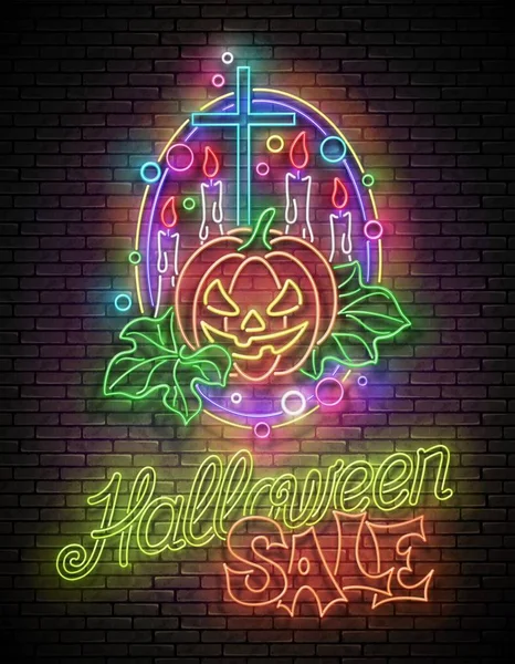 Glow Halloween Carte de voeux avec citrouille sorcière, croix, bougies — Image vectorielle
