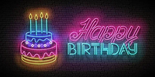 Tarjeta de felicitación Glow con pastel, velas y feliz cumpleaños Inscrip — Vector de stock