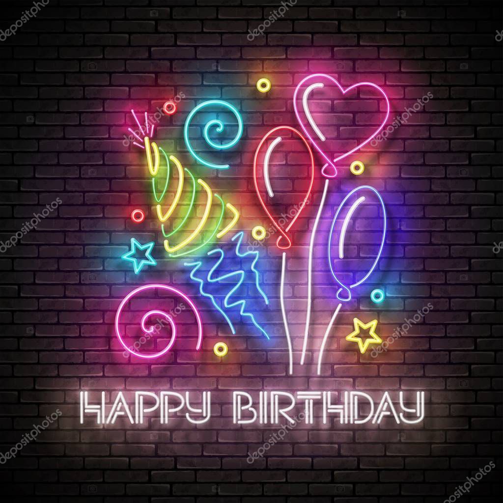 Glow Greeting Card with Different Balloons, Holiday Hat, Confetti and Happy Birthday Inscription. Neon Lettering. Poster, Banner, Invitation. Seamless Brick Wall. Vector 3d Illustration. Clipping Mask