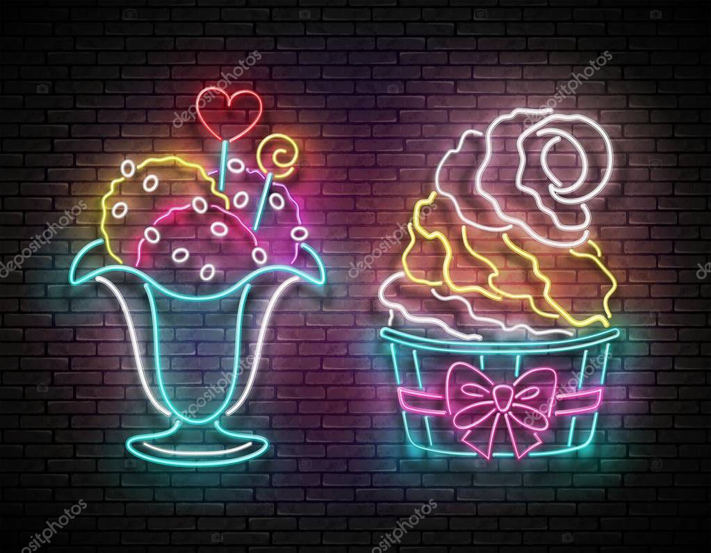 Set of Vintage Glow Signboards with Ice Cream Balls in Vase and Popsicle in Cup, Candies Decor. Cafe Flyer Template. Neon Light Poster, Banner. Brick Wall. Vector 3d Illustration. Clipping Mask