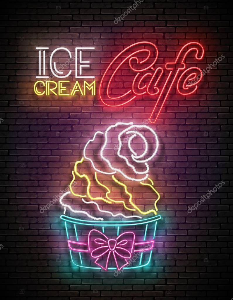 Vintage Poster with Ice Cream Cone in Paper Cup and Inscription. Neon Lettering. Template for Flyer, Banner, Invitation. Brick Wall, Vertical Seamless. Vector 3d Illustration. Clipping Mask, Editable