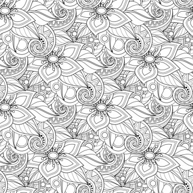 Çiçek Motifli Tek Krom Kusursuz Desen. Çiçek ve Yapraklı Sonsuz Doku. Doodle Line stilinde Doğal Arkaplan. Boyama Kitabı Sayfası. 