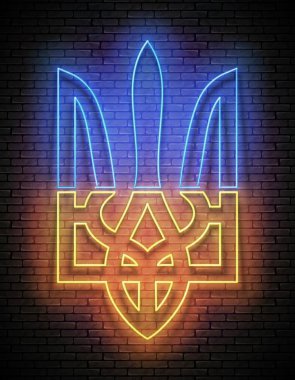 Parlak Neon Işık Posteri, üzerinde Parlak Sarı ve Mavi Ukrayna Mızrağı var. Ulusal Silah Sembol Şablonu. 